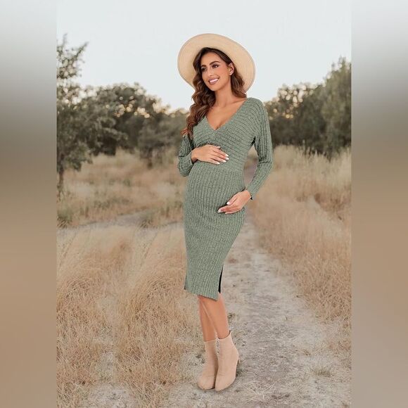 NWT- V-Neck Maternity ribbed Sweater Dress- Size Small - Picture 3 of 11